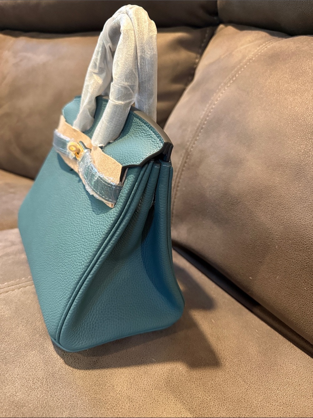100% real leather denim color Top-Handle Bag with Gold Hardware - Picture 2 of 7